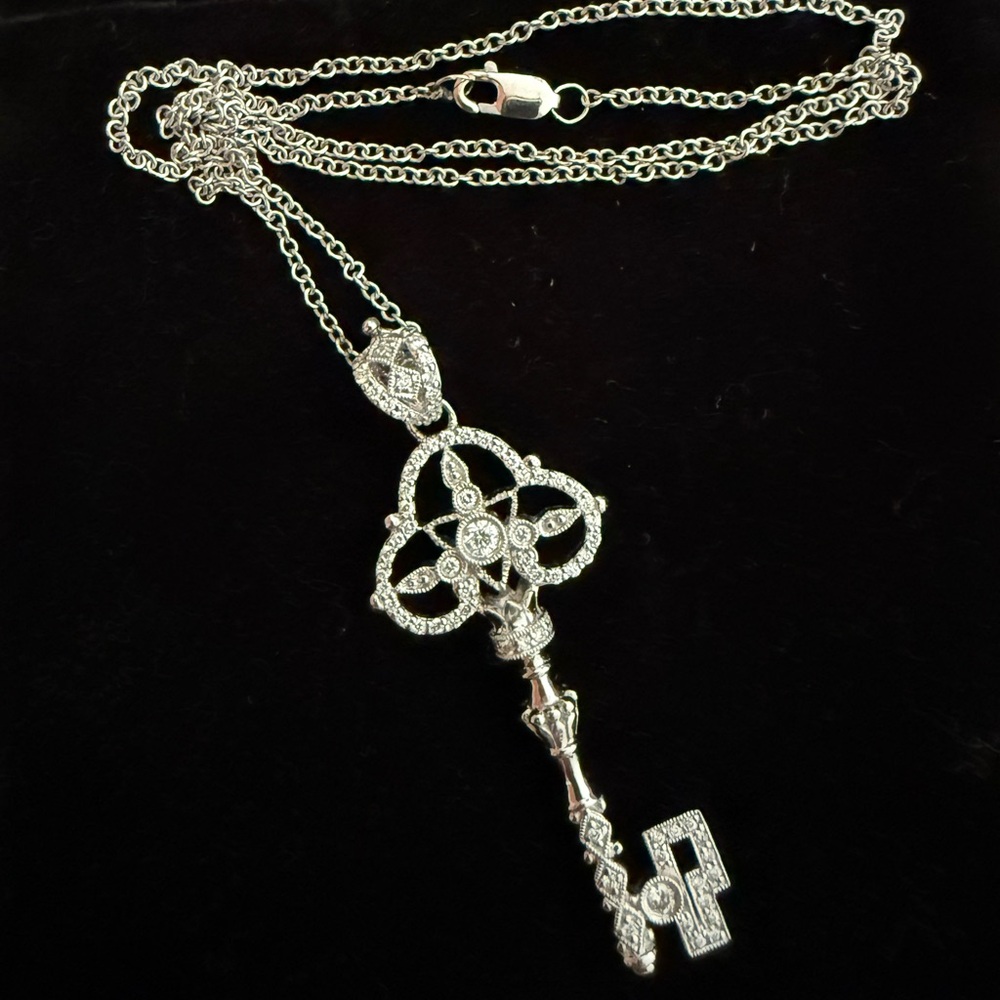 Elegant 14k White Gold Diamond Key Pendant Necklace